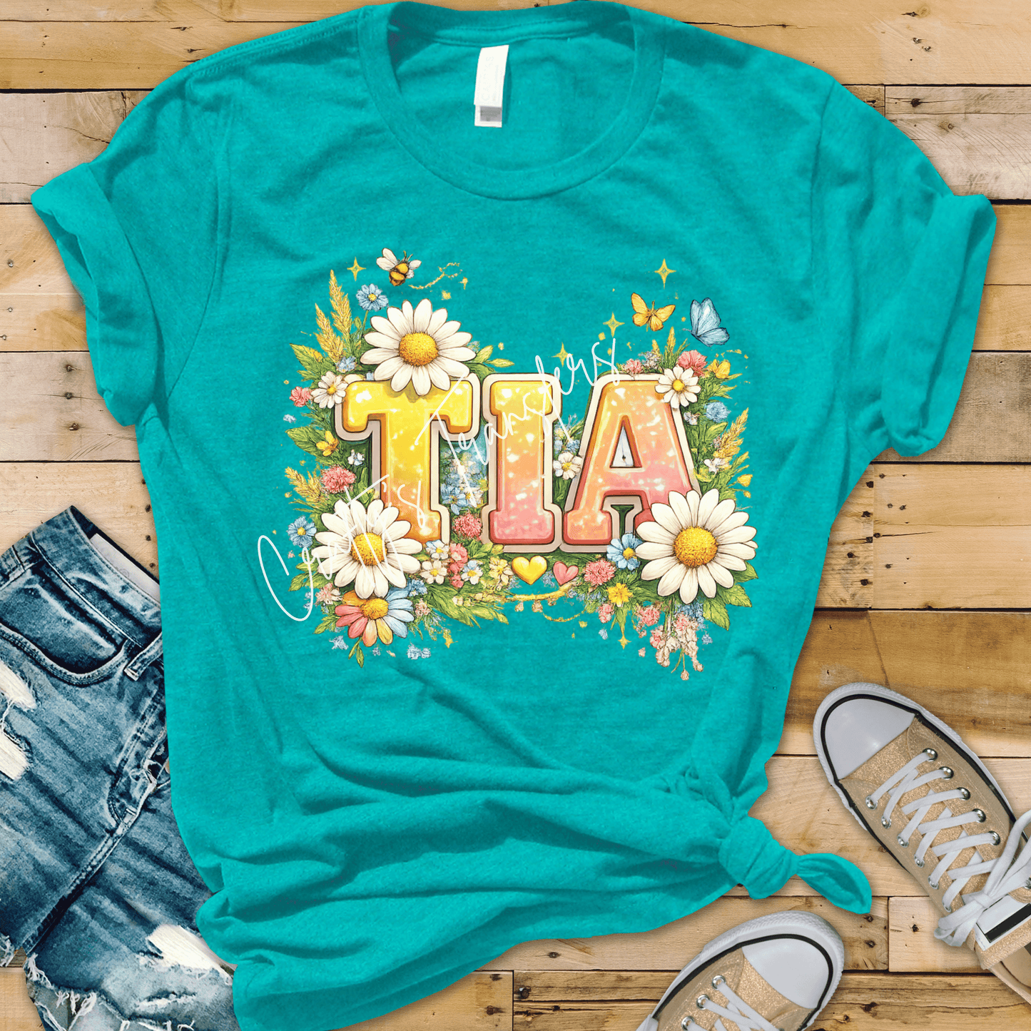 Tia Floral DTF Transfer – Daisy Wildflower Name Design – Spring Summer Custom Shirt Transfer – Bright Retro Style