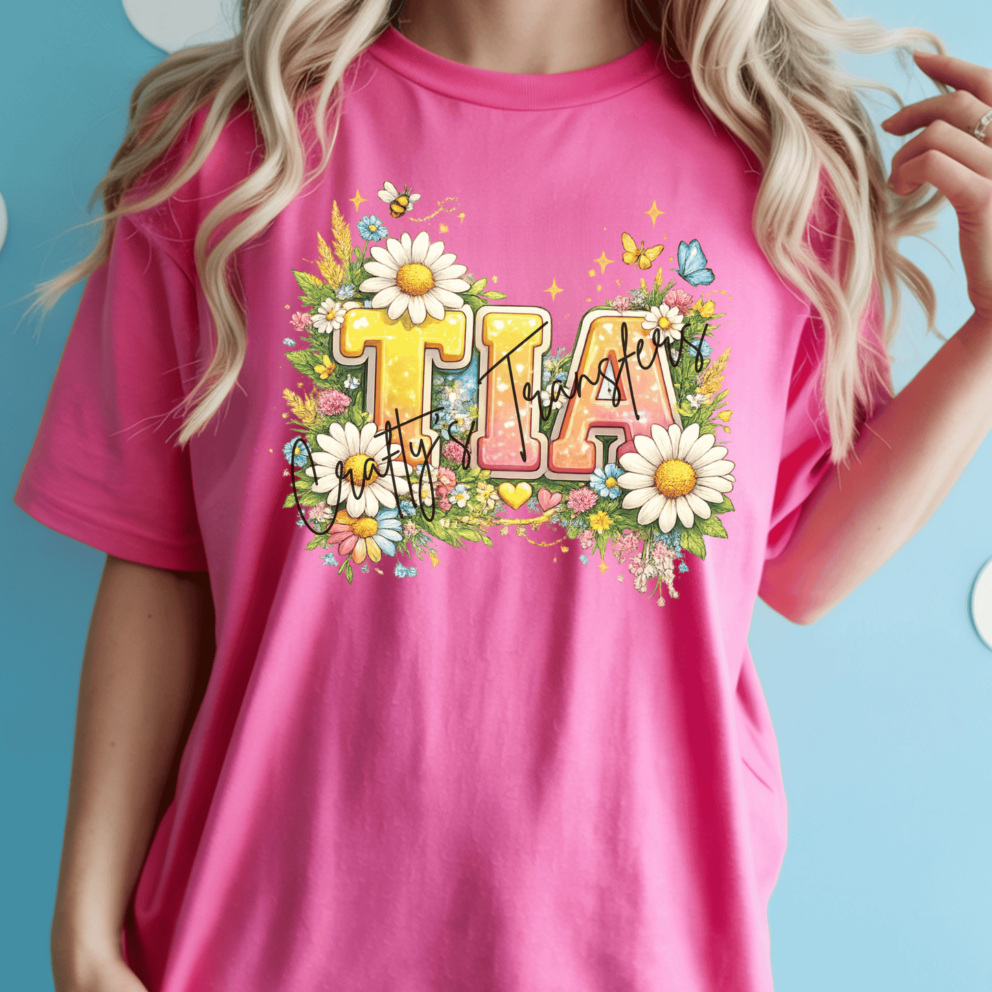 Tia Floral DTF Transfer – Daisy Wildflower Name Design – Spring Summer Custom Shirt Transfer – Bright Retro Style