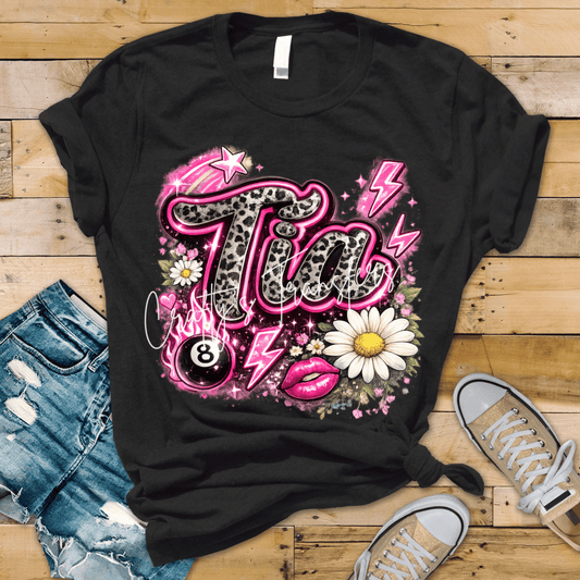 Tia Neon Pink DTF Transfer – Cheetah Print Name Design with Lightning Bolt, 8 Ball & Lips – Edgy Trendy Shirt Transfer