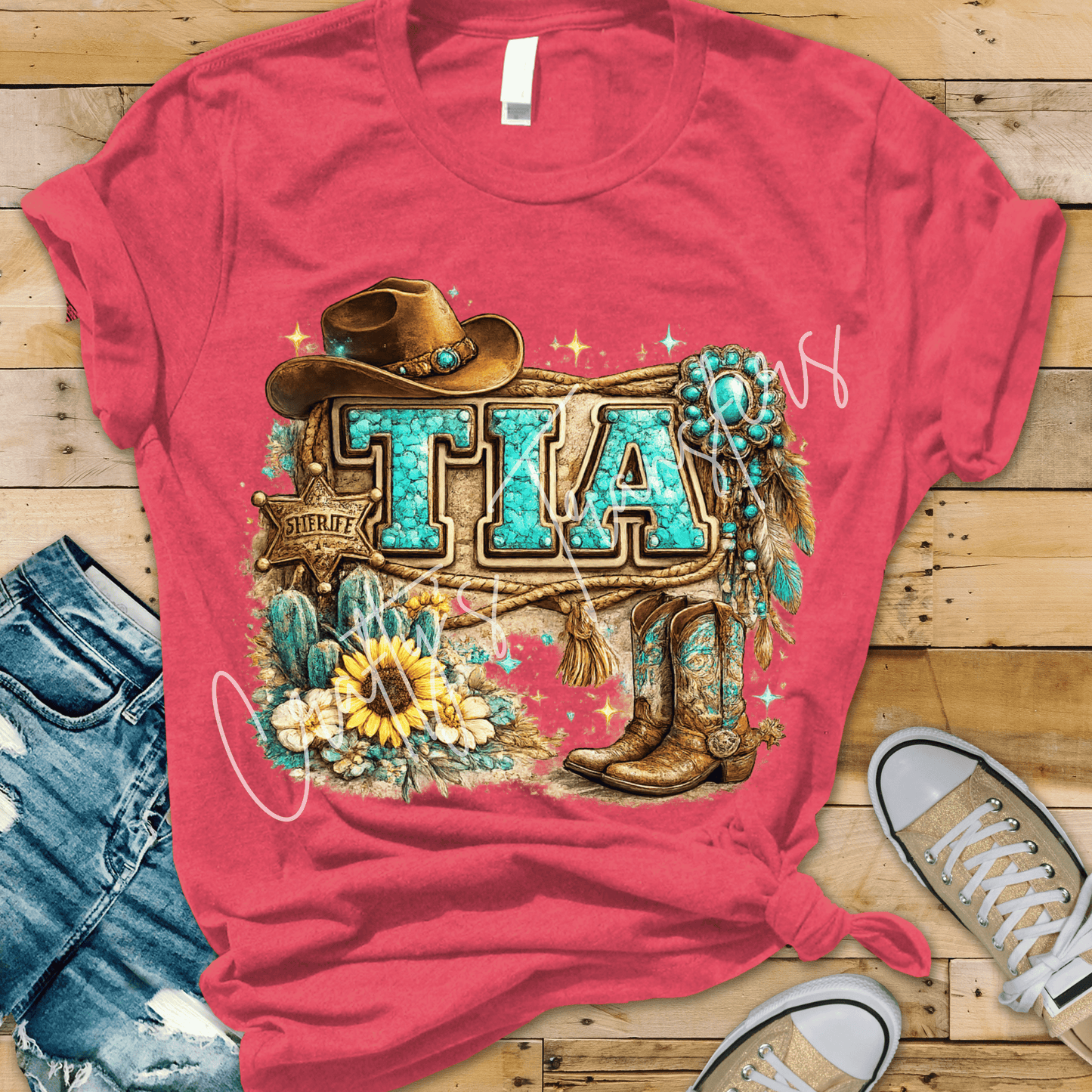 Tia Western Cowgirl DTF Transfer – Turquoise Name Design with Boots, Hat & Sunflower – Rustic Country Shirt Transfer