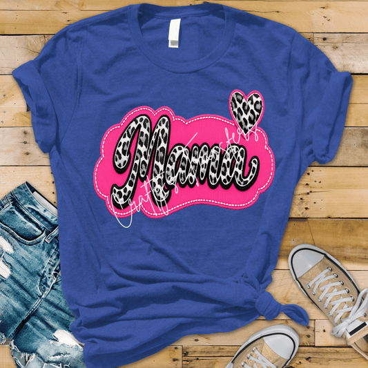Mama Pink Patch Style DTF Transfer – Cheetah Print Script with Heart – Trendy Mom Shirt Transfer