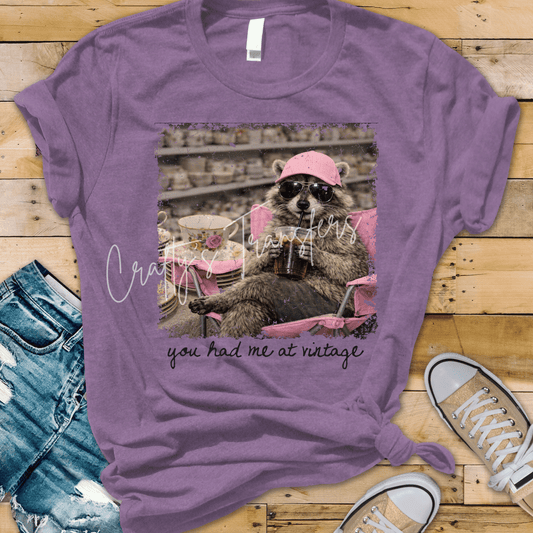 You Had Me at Vintage Raccoon DTF Transfer – Funny Thrift Lover Graphic with Iced Coffee – Trendy Boutique Shirt Design