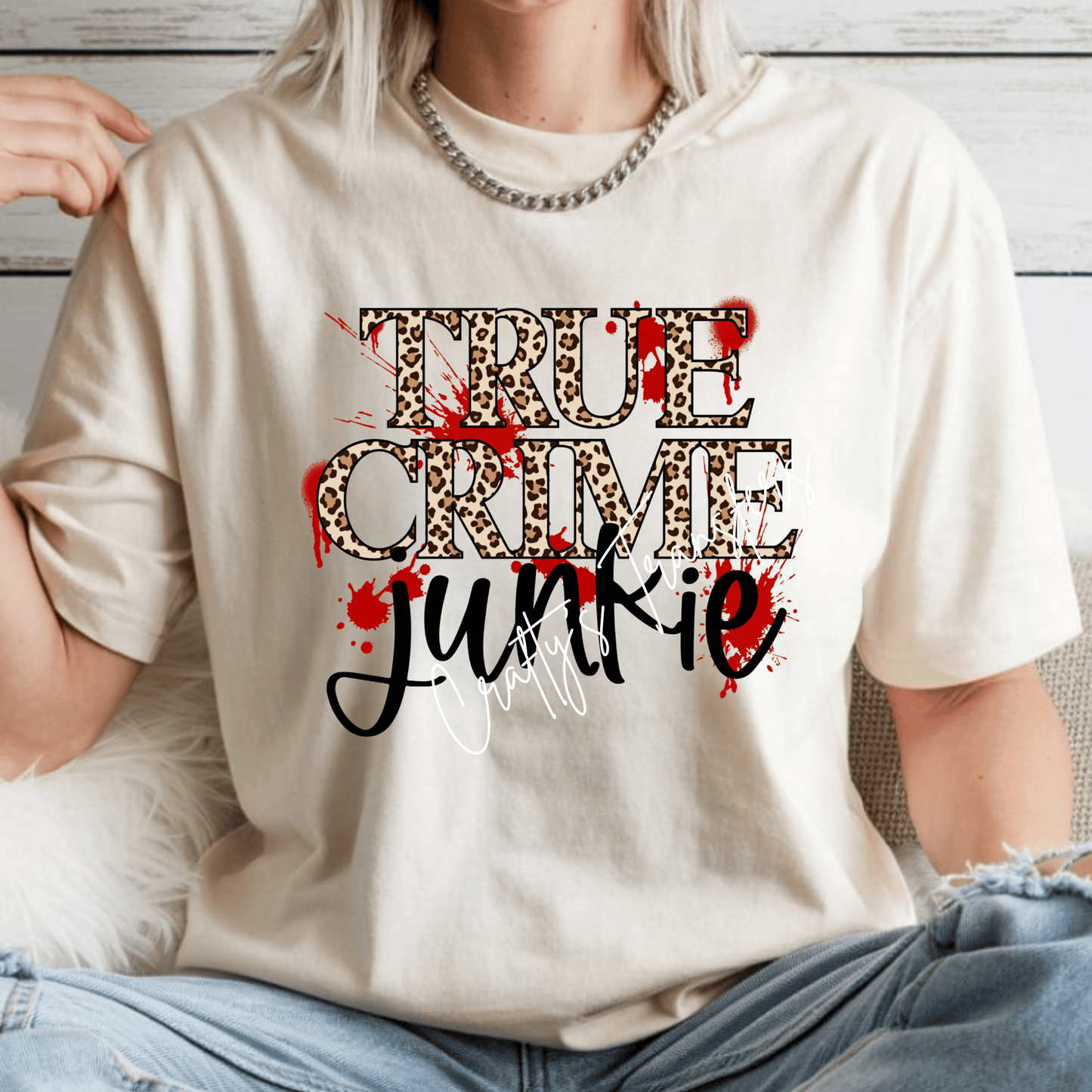 True Crime Cheetah Print DTF Transfer – Bold Leopard Text Graphic – Trendy True Crime Shirt Design
