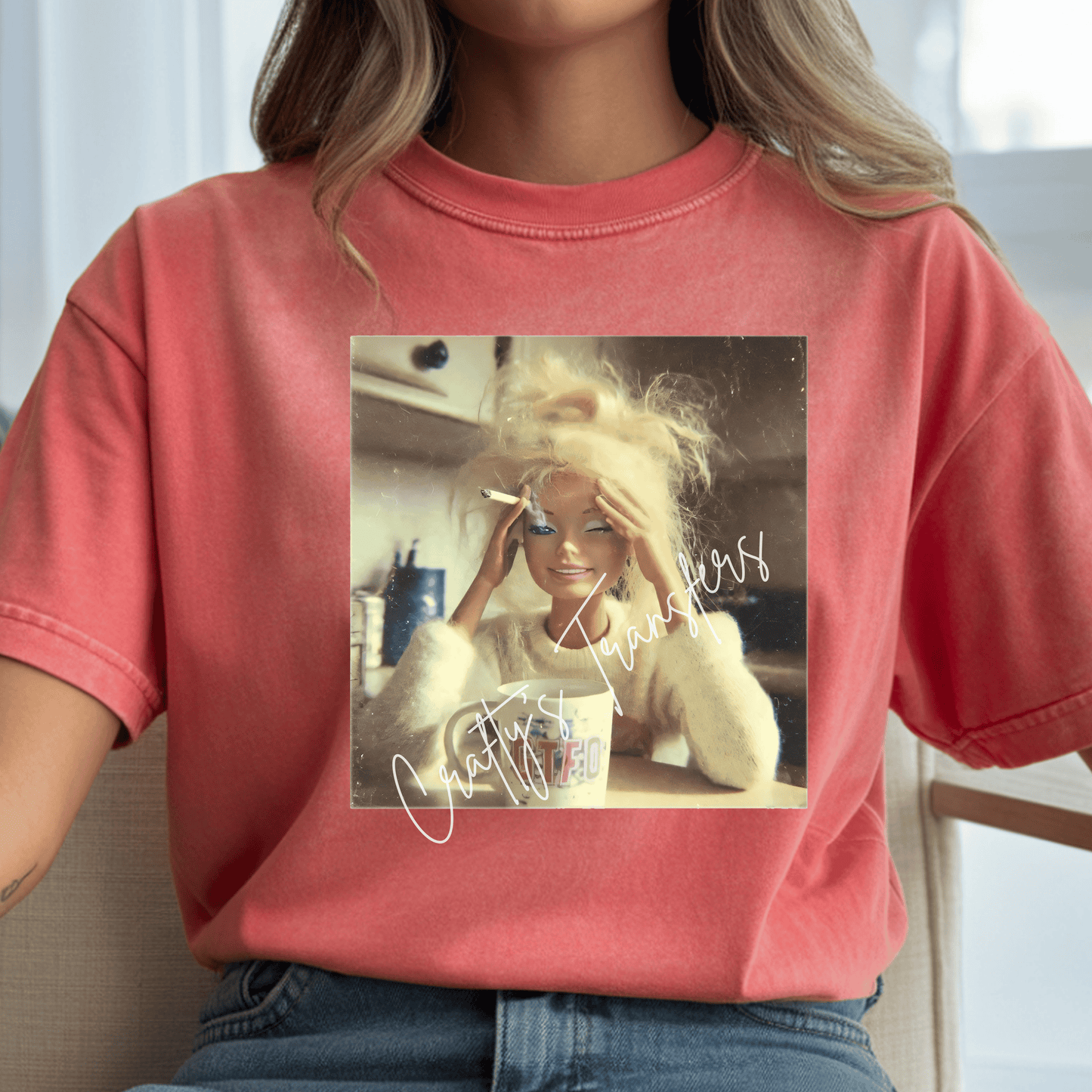 Messy Hair Don’t Care DTF Transfer – Vintage Doll Aesthetic Graphic – Funny Coffee Lover Shirt Design