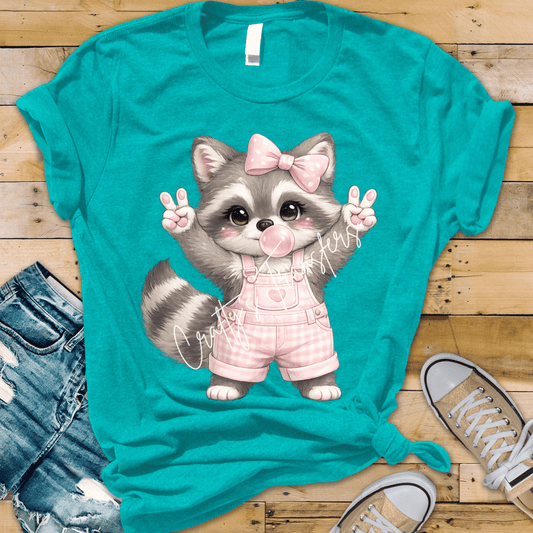 Cute Raccoon Girl DTF Transfer | Pink Bow Bubblegum Trash Panda Graphic | Kids & Boutique Shirt Design