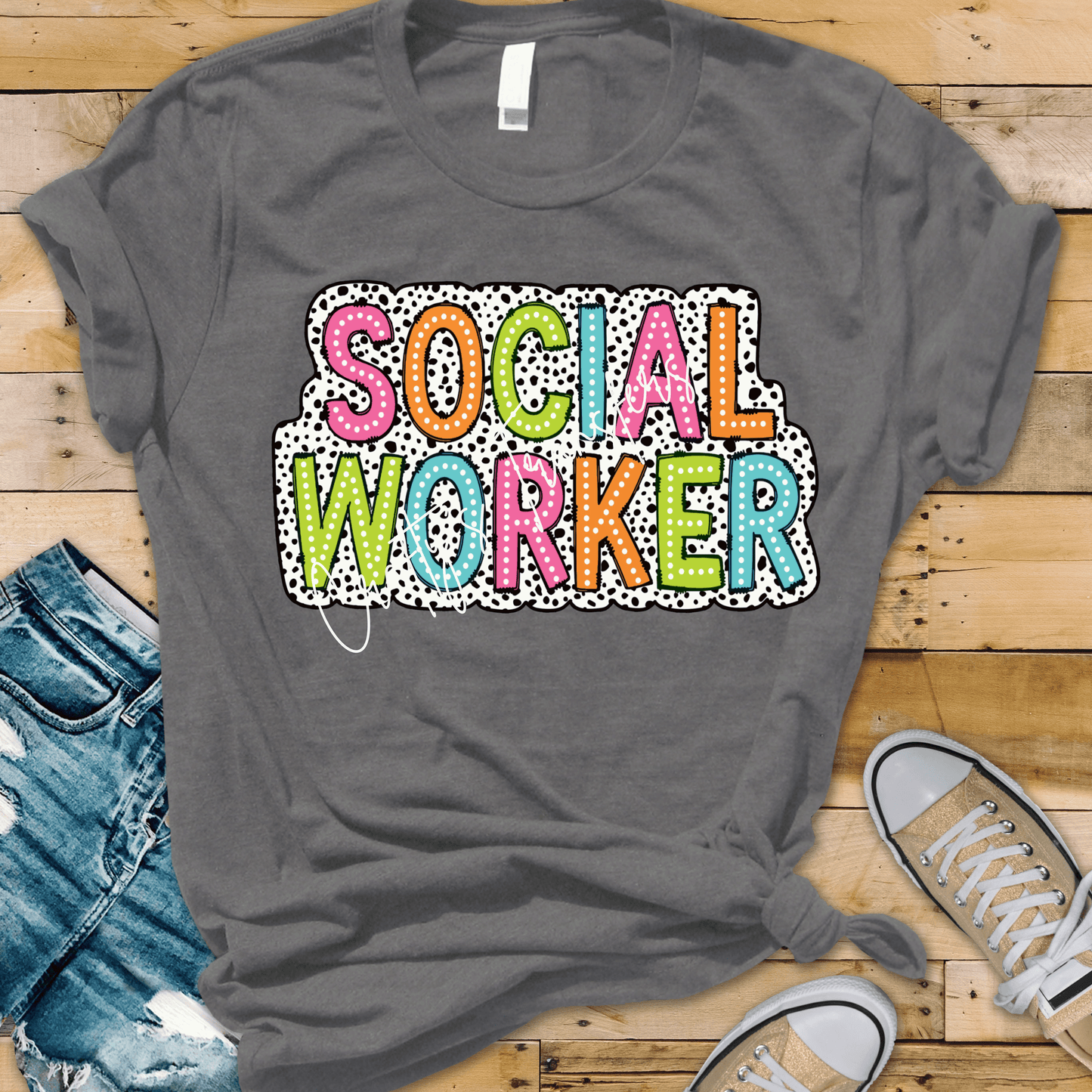 Social Worker DTF Transfer | Colorful Polka Dot Teacher Style Design | School Staff Appreciation Graphic Tee Transfer