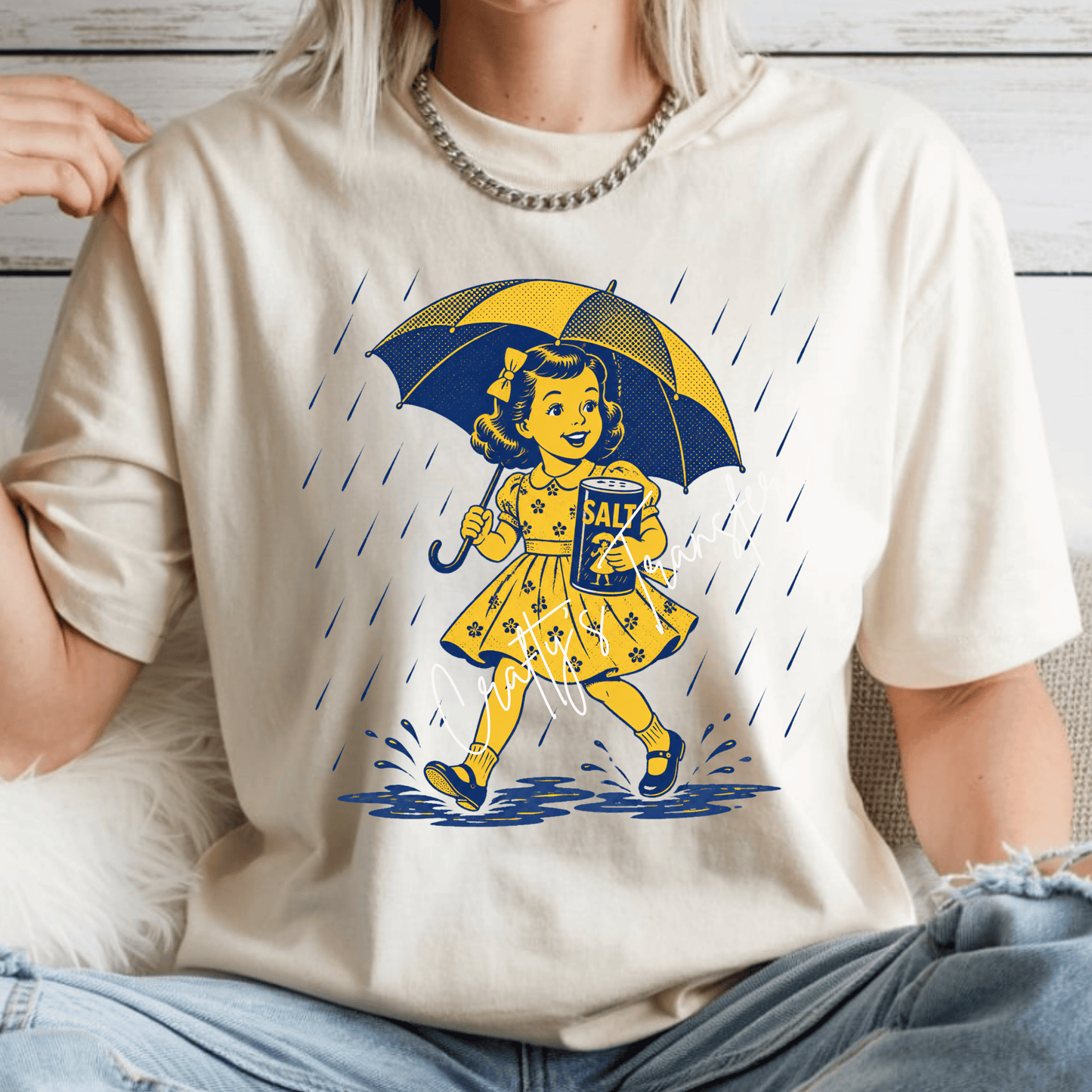 Funny “Stay Salty” DTF Transfer | Retro Girl in Rain with Umbrella Graphic | Sarcastic Vintage Style Shirt Design