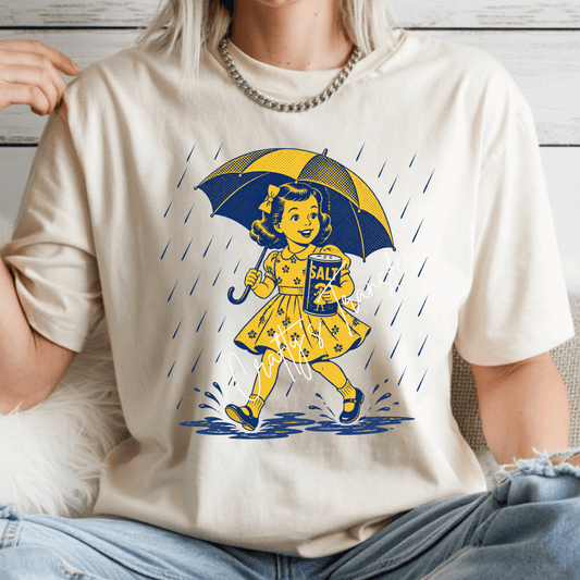Funny “Stay Salty” DTF Transfer | Retro Girl in Rain with Umbrella Graphic | Sarcastic Vintage Style Shirt Design
