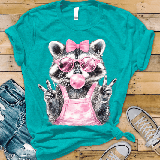 Cute Raccoon Girl DTF Transfer | Pink Sunglasses Bubblegum Animal Design | Trendy Kids & Boutique Graphic