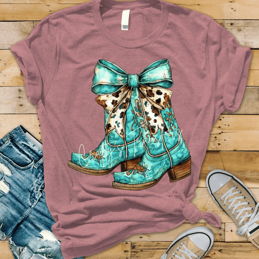 Turquoise Western Boots with Bow DTF Transfer | Cowgirl Boot Graphic | Western Boutique Shirt Design
