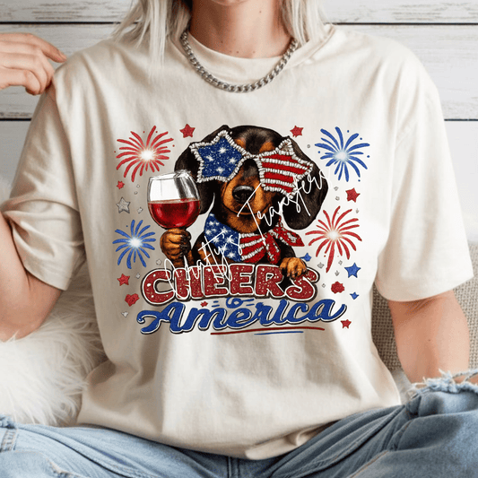 Cheers to America Dachshund DTF Transfer | Patriotic Wiener Dog 4th of July Shirt Design | Funny USA Dog Graphic