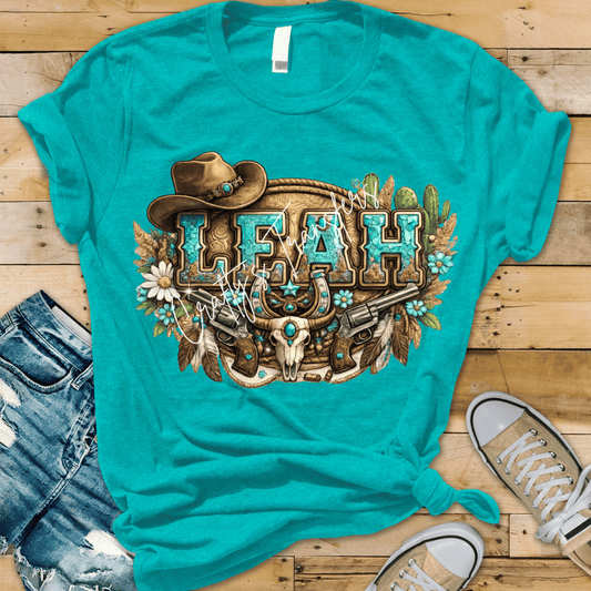 Leah Western DTF Transfer – Turquoise Cowgirl Name Design with Cow Skull, Guns & Hat – Rustic Country Shirt Transfer