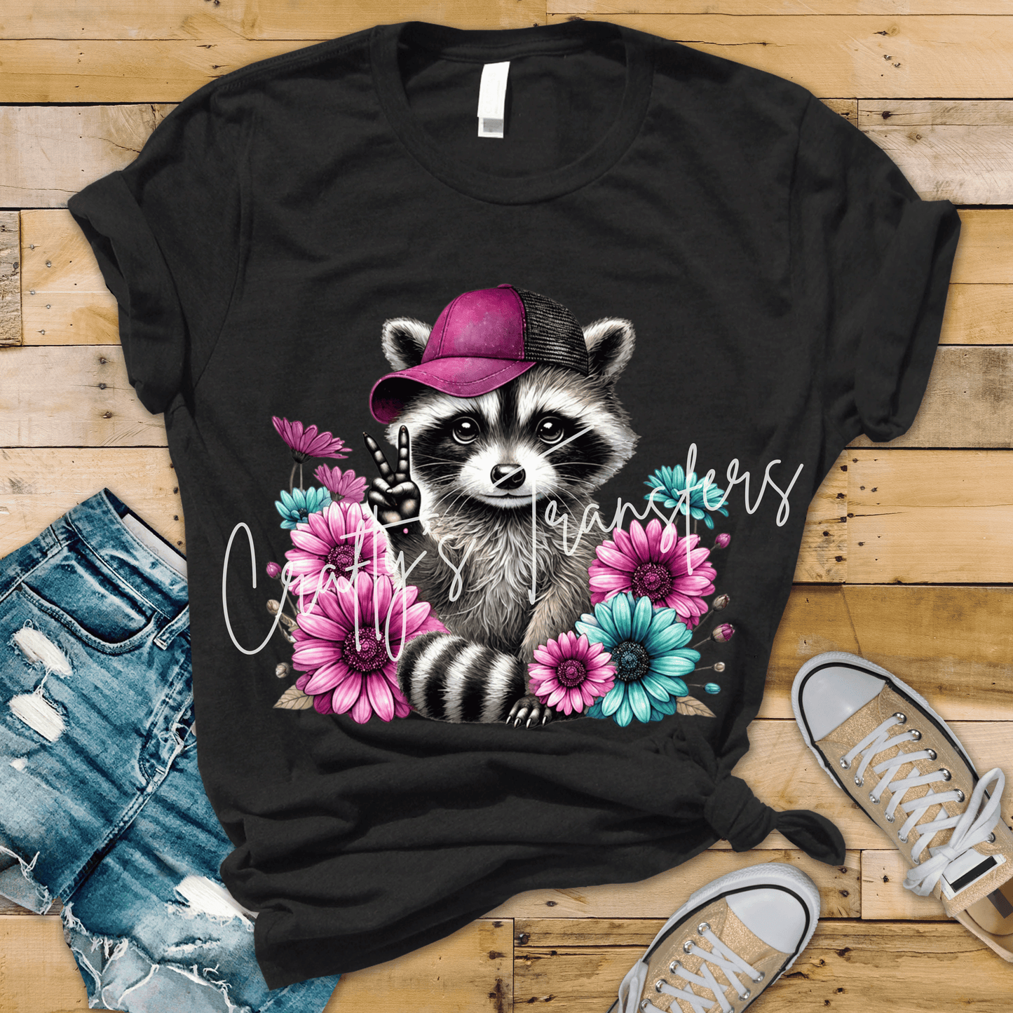 Cute Raccoon DTF Transfer | Floral Raccoon Graphic Transfer | Peace Sign Animal Shirt Design