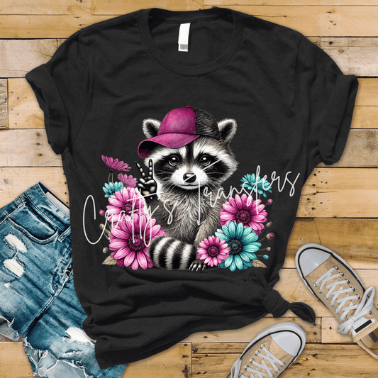 Cute Raccoon DTF Transfer | Floral Raccoon Graphic Transfer | Peace Sign Animal Shirt Design