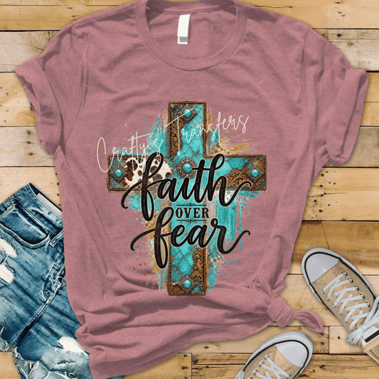 Faith Over Fear Western Cross DTF Transfer | Turquoise Christian Graphic Tee Design | Cowhide Faith Shirt Transfer