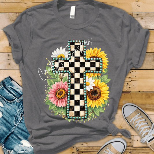 Checkered Cross Floral DTF Transfer | Western Turquoise Faith Graphic Tee Design | Sunflower Christian Shirt Transfer