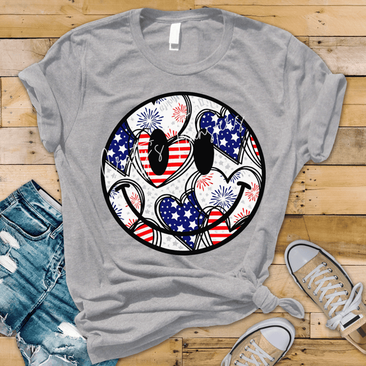 Patriotic Smiley Face DTF Transfer | USA Heart Smiley Graphic Transfer | Fourth of July Shirt Design