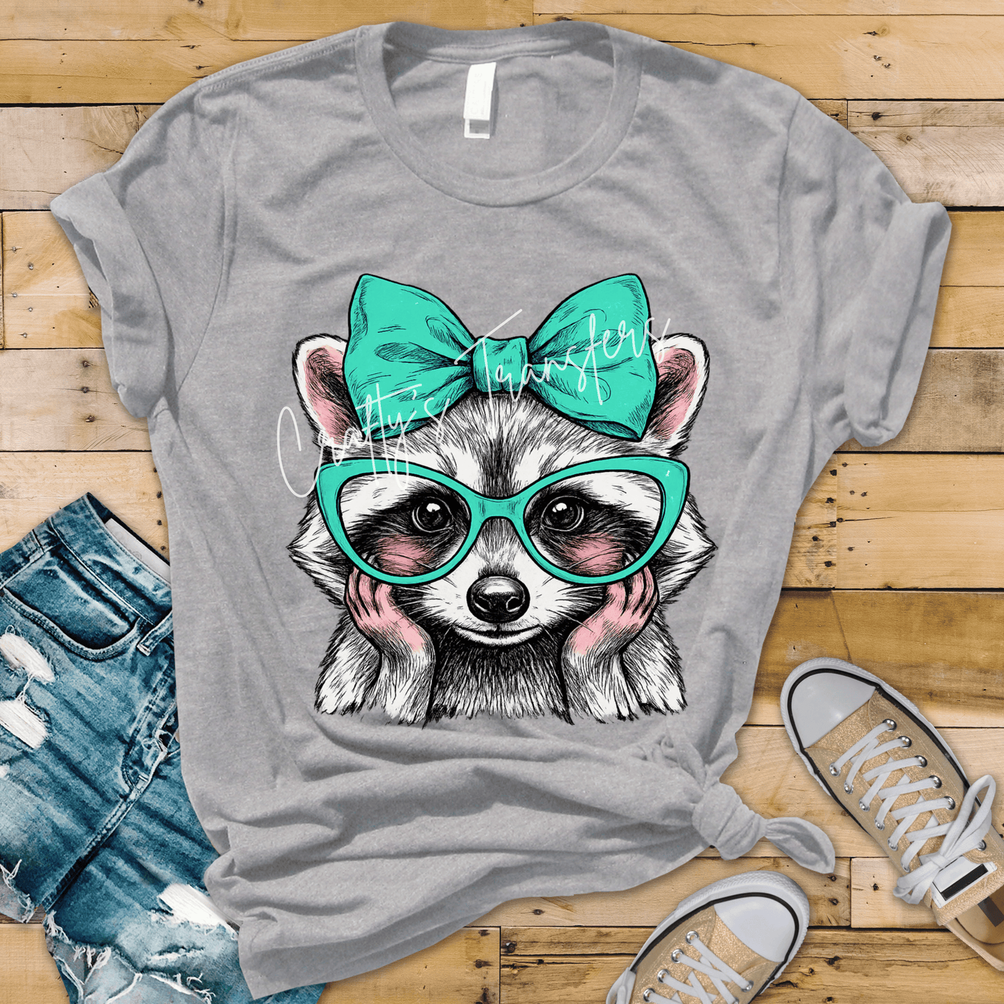 Cute Raccoon Bow DTF Transfer | Girly Raccoon Graphic Transfer | Teal Glasses Animal Shirt Design