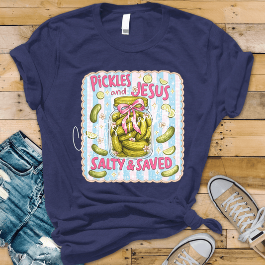 Pickles and Jesus Salty & Saved DTF Transfer | Funny Christian Pickle Graphic Tee Design | Trendy Faith Shirt Transfer