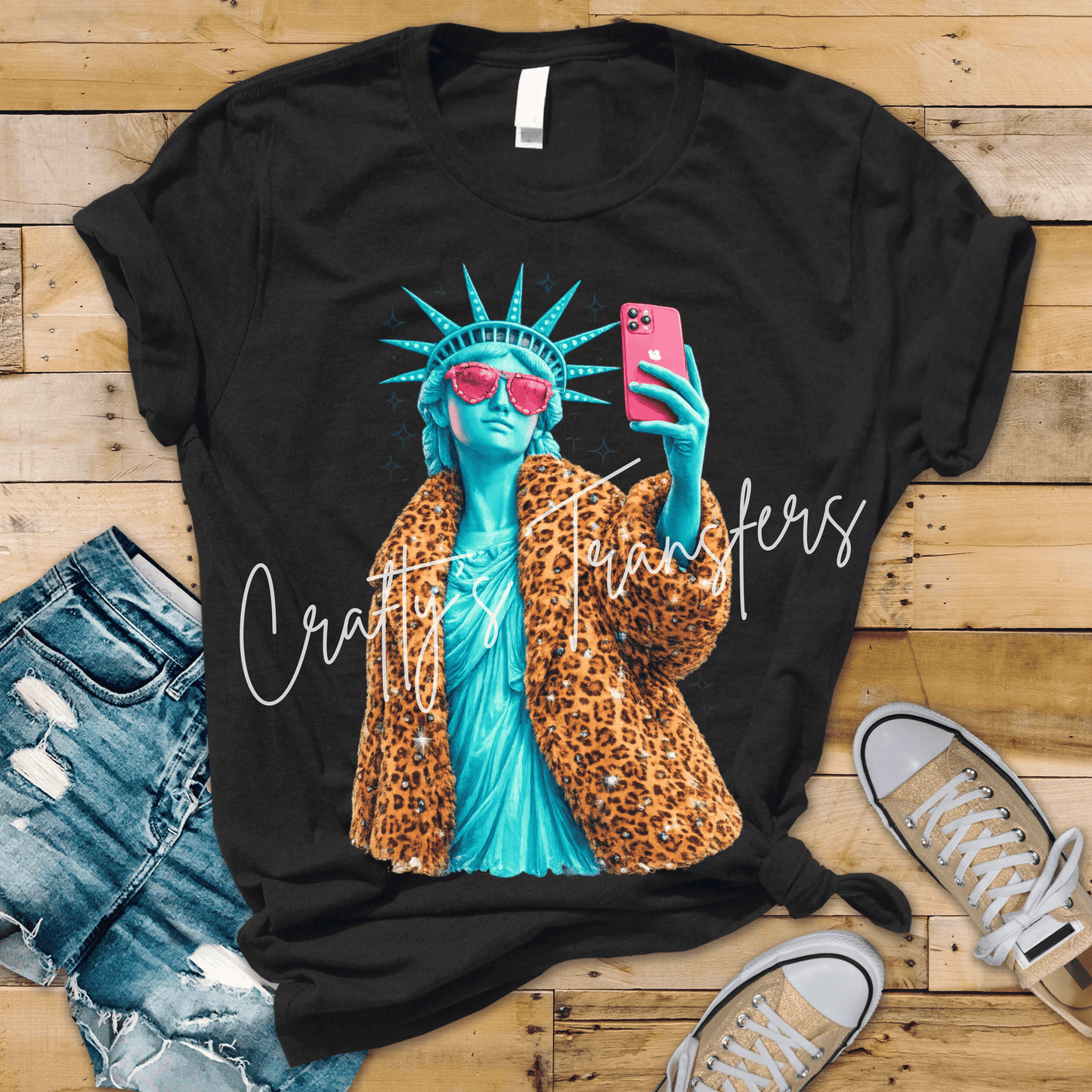Dopamine Statue of Liberty DTF Transfer | Glam Patriotic Leopard Print Graphic | Trendy Americana Selfie Shirt Design