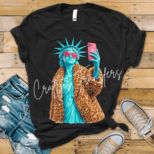 Dopamine Statue of Liberty DTF Transfer | Glam Patriotic Leopard Print Graphic | Trendy Americana Selfie Shirt Design