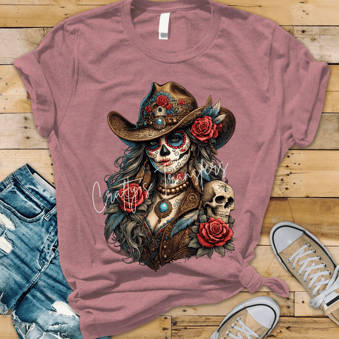 Western Sugar Skull Cowgirl DTF Transfer | Floral Skull Cowboy Hat Graphic | Boho Western Boutique Shirt Design