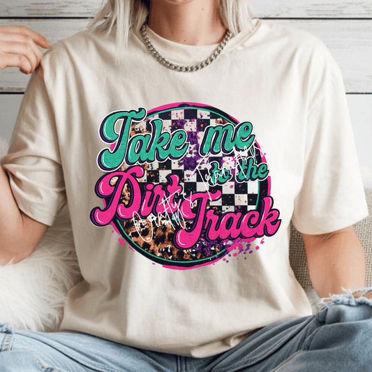 Take Me to the Dirt Track DTF Transfer | Retro Racing Graphic Tee Transfer | Western Checkered Flag Shirt Heat Transfer