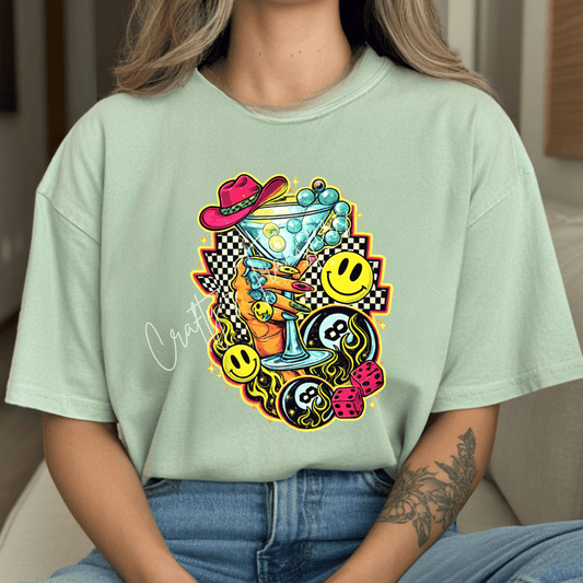 Retro Western Cocktail DTF Transfer | Neon Cowgirl Collage Graphic | Funky Smiley Face Boutique Shirt Design