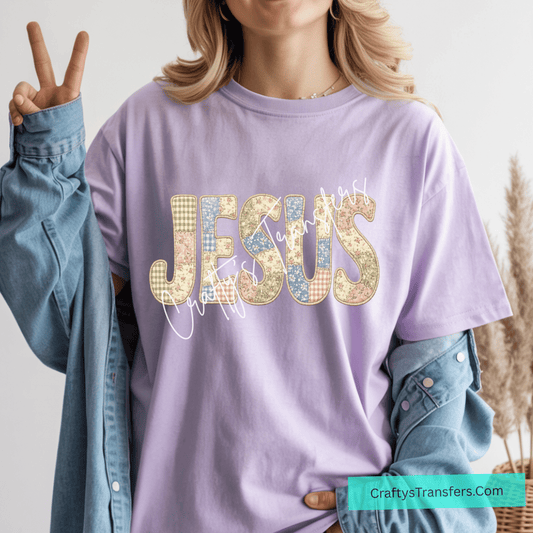 Patchwork Jesus DTF Transfer | Vintage Floral Christian Graphic Tee Transfer | Faith Based Boutique Shirt Design