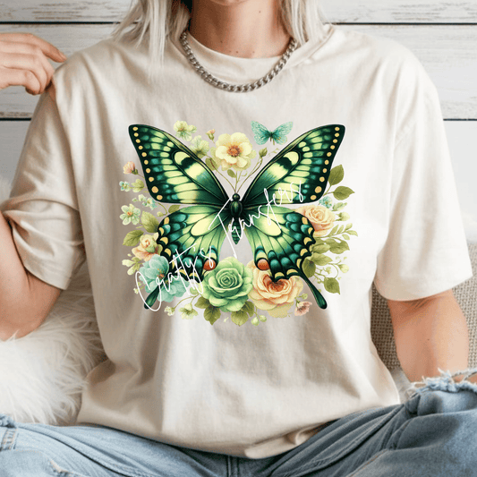 Green Butterfly Floral DTF Transfer | Vintage Botanical Butterfly Graphic | Cottagecore Boutique Shirt Design