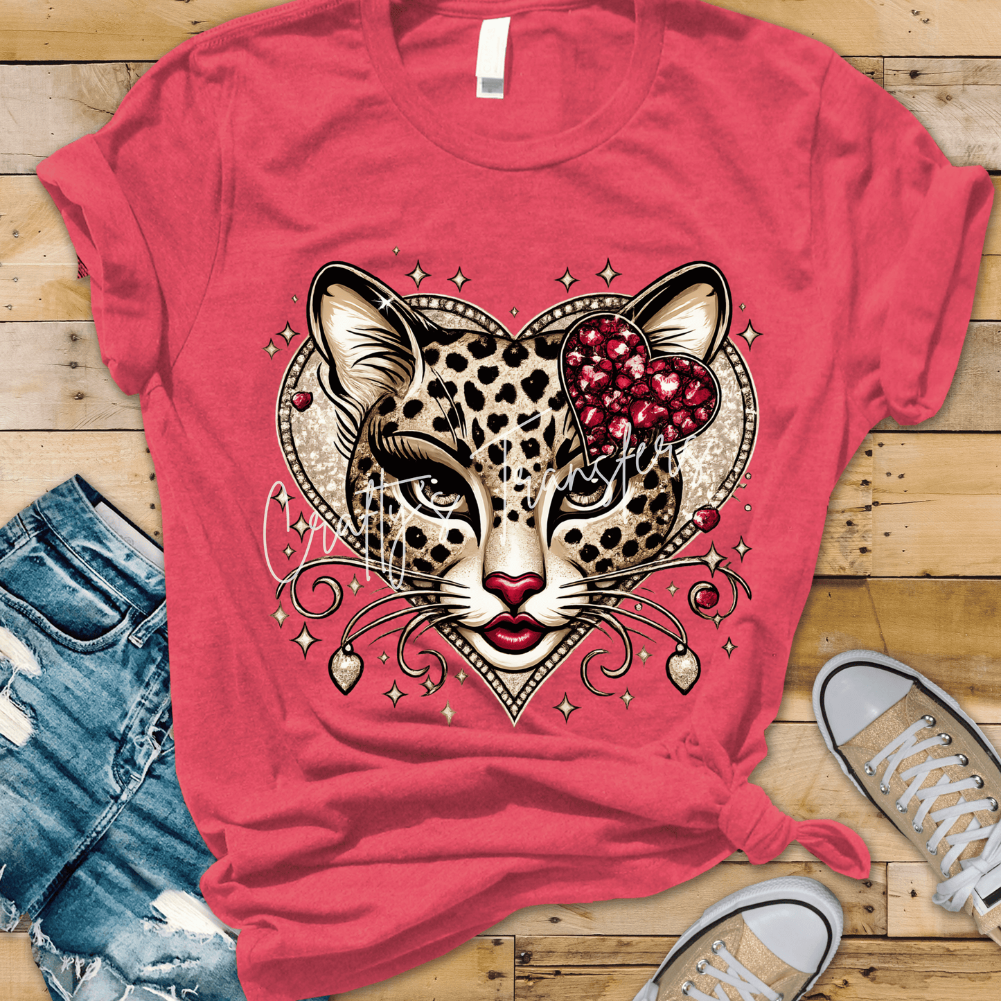 Glam Leopard Face DTF Transfer | Pink Heart Cheetah Graphic | Trendy Boutique Animal Print Shirt Design