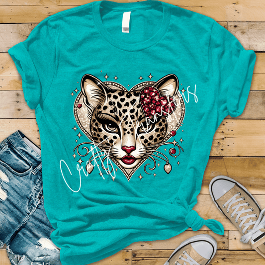 Glam Leopard Face DTF Transfer | Pink Heart Cheetah Graphic | Trendy Boutique Animal Print Shirt Design
