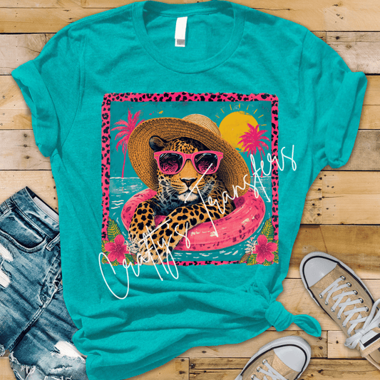Summer Leopard Pool Float DTF Transfer | Tropical Cheetah Beach Graphic | Pink Sunglasses Vacation Shirt Design