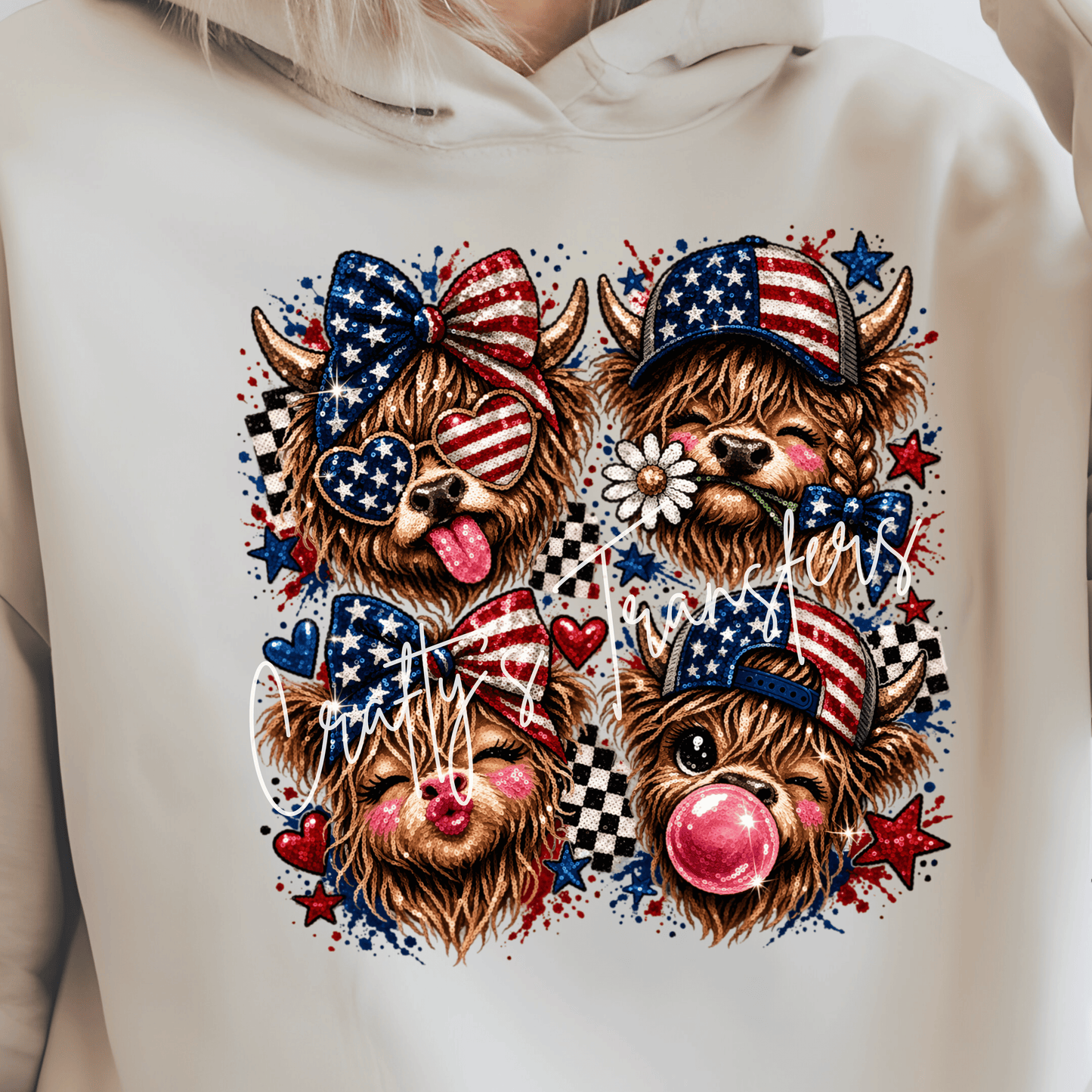 Patriotic Highland Cow DTF Transfer | 4th of July Cowgirl Western Graphic | USA Sequin Bow Country Shirt Transfer