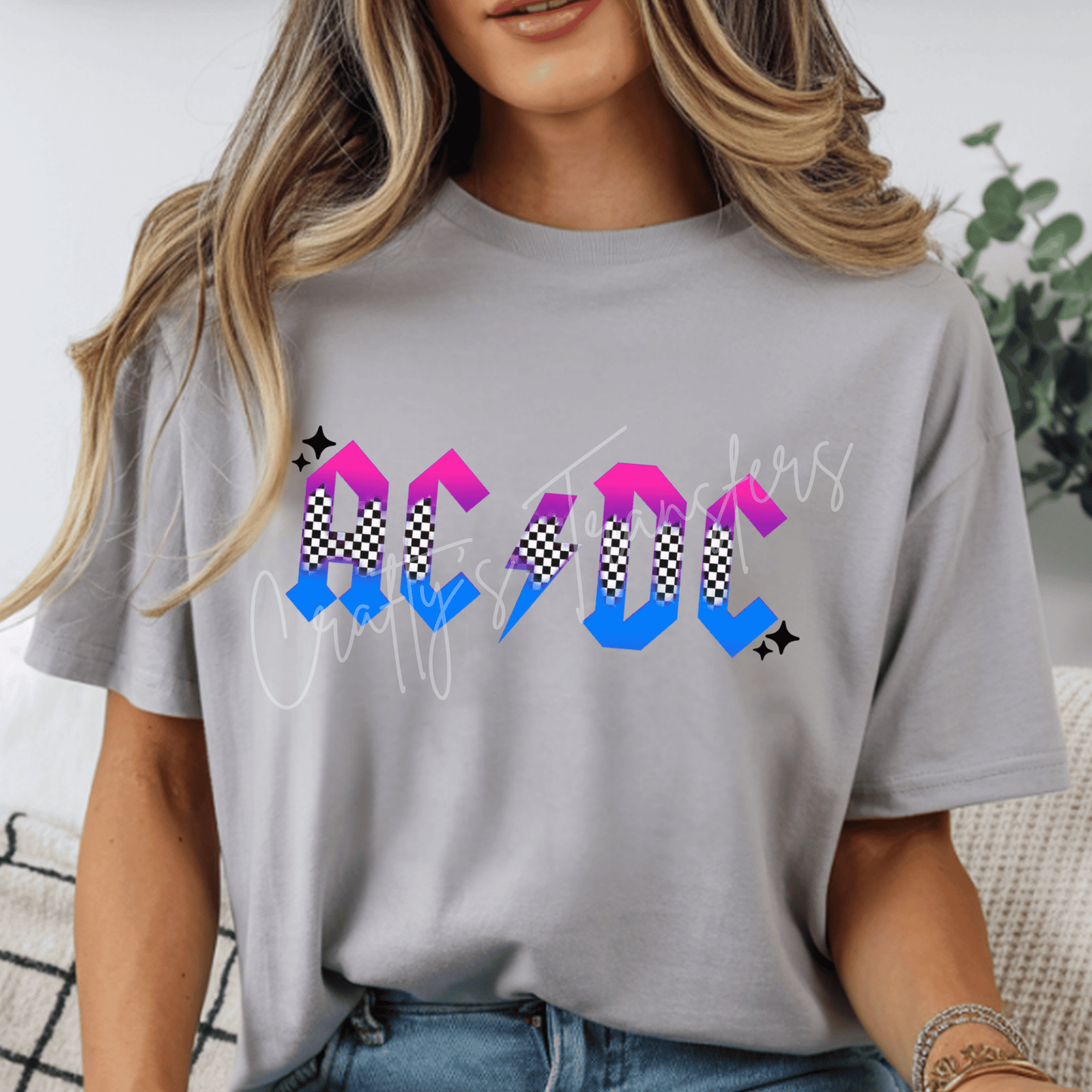 AC DC Inspired Checkered Lightning DTF Transfer | Retro Rock Band Graphic | Neon Pink Blue Concert Shirt Transfer