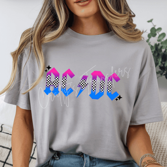 AC DC Inspired Checkered Lightning DTF Transfer | Retro Rock Band Graphic | Neon Pink Blue Concert Shirt Transfer