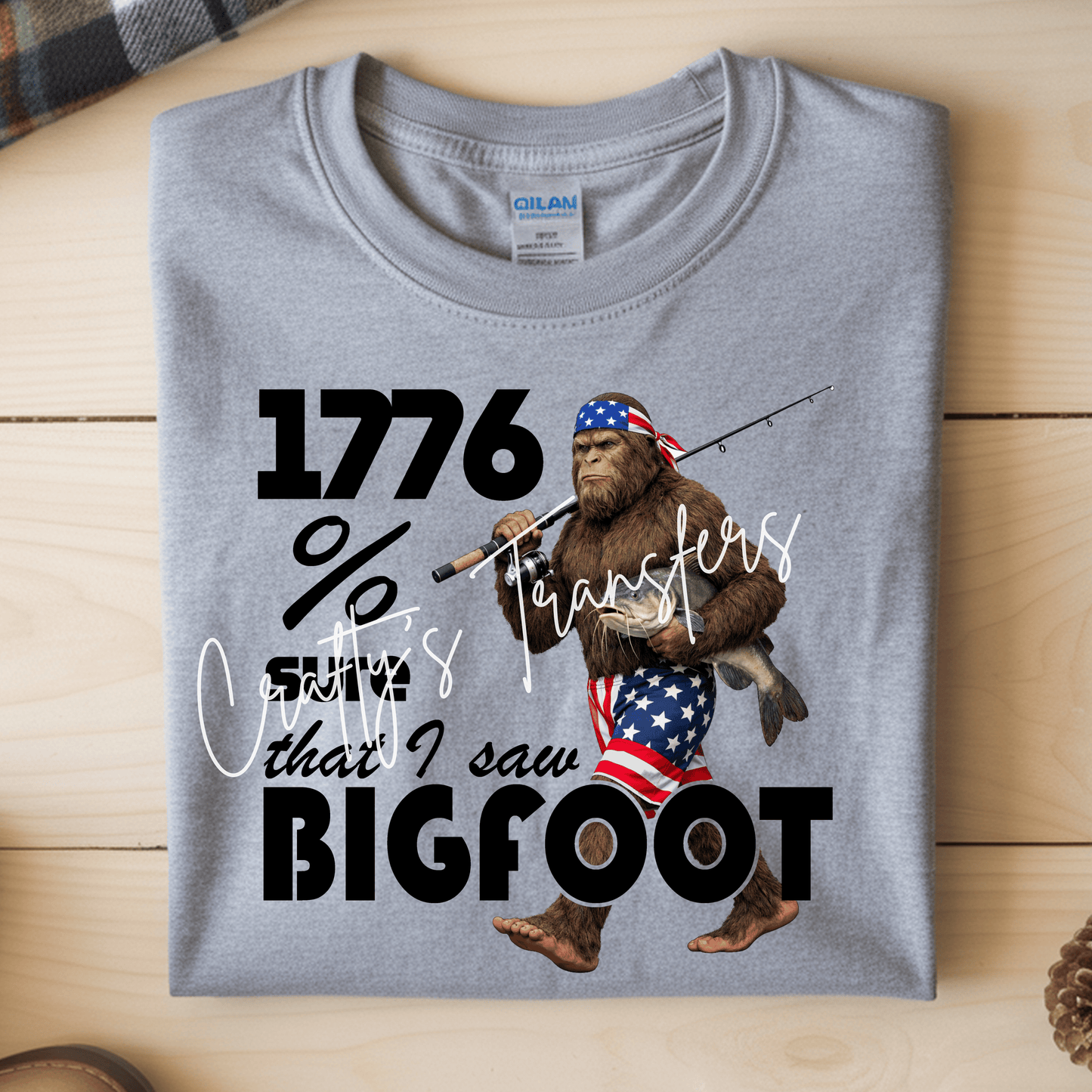 Patriotic Bigfoot Fishing DTF Transfer | Sasquatch Catfish Graphic Transfer | Funny Americana Fishing Shirt Design