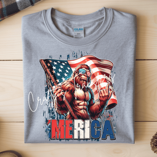 Patriotic Bigfoot ‘Merica DTF Transfer | Funny Sasquatch American Flag Graphic | 4th of July Shirt Transfer