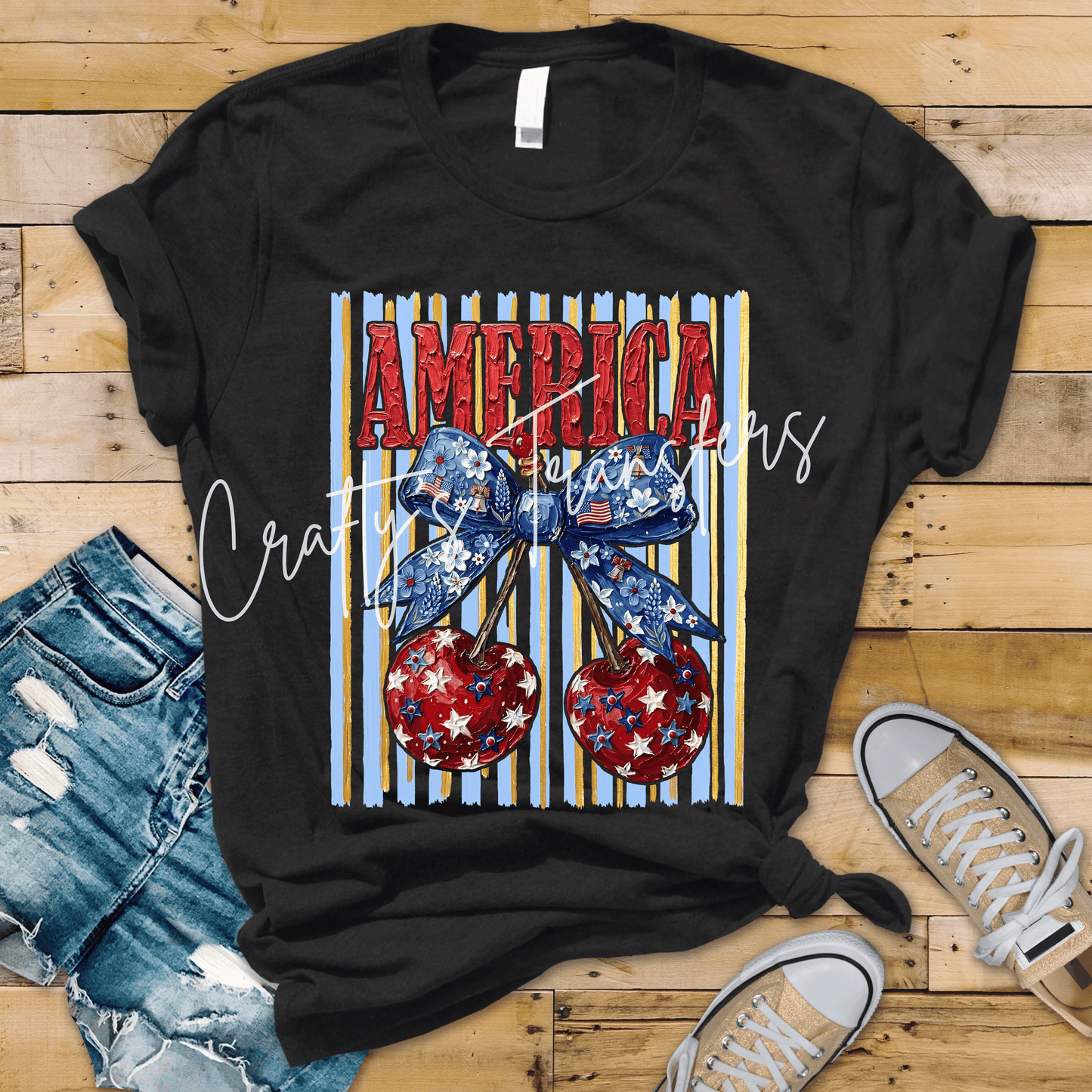 America Cherry Coquette Bow DTF Transfer | Patriotic Cherry Graphic Tee Transfer | Fourth of July Boutique Shirt Design