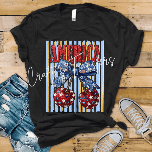 America Cherry Coquette Bow DTF Transfer | Patriotic Cherry Graphic Tee Transfer | Fourth of July Boutique Shirt Design