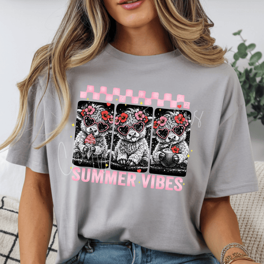 Summer Vibes Highland Cow DTF Transfer | Cute Cow Summer Graphic Tee Transfer | Tropical Cow Sunglasses Shirt Design