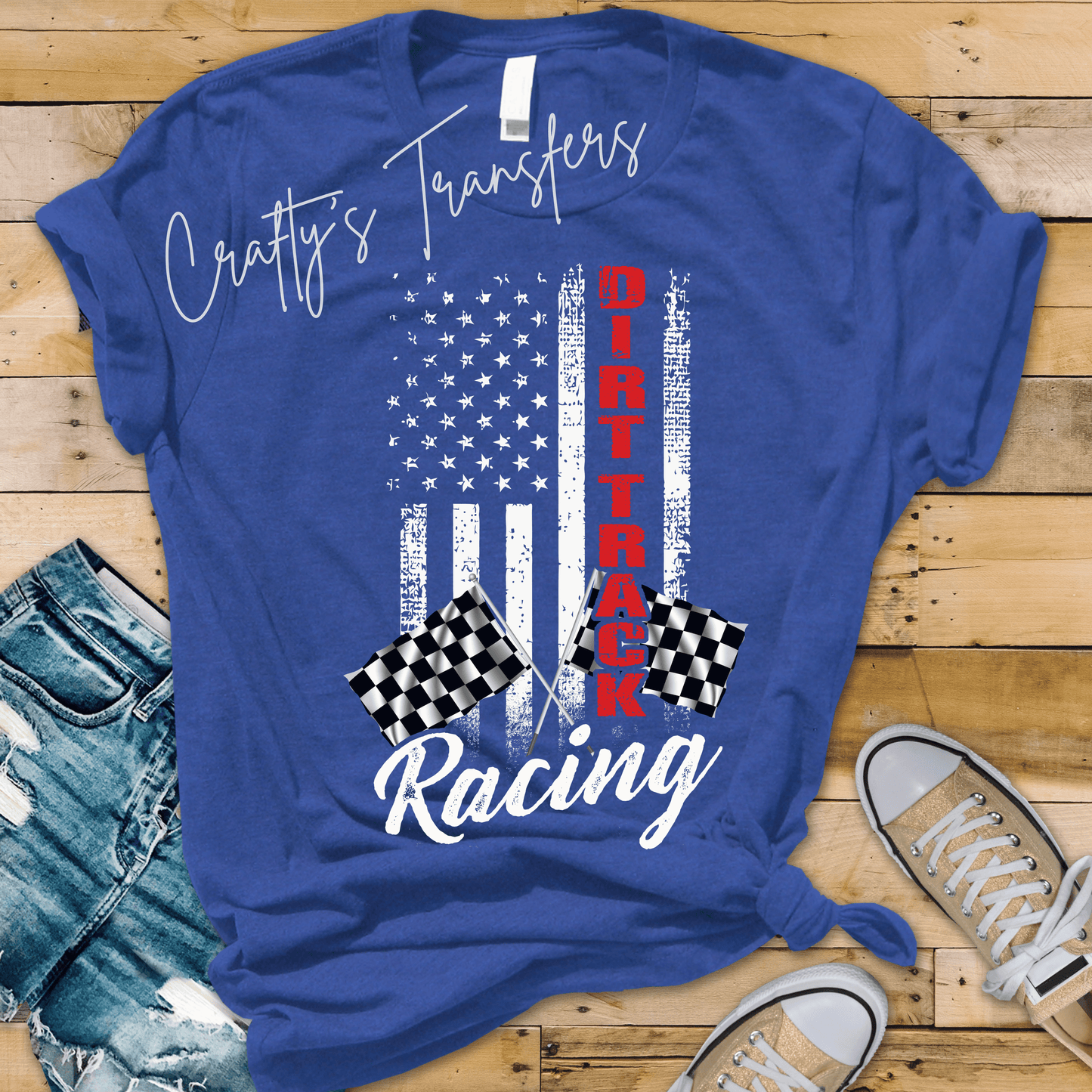 Dirt Track Racing DTF Transfer | Racing Flag Graphic Transfer | Patriotic Race Car Tee Design