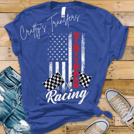 Dirt Track Racing DTF Transfer | Racing Flag Graphic Transfer | Patriotic Race Car Tee Design