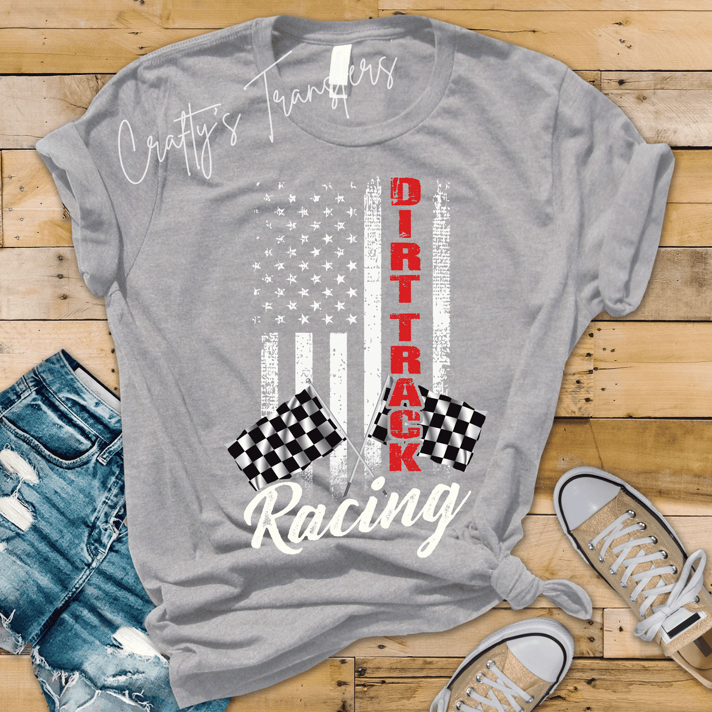 Dirt Track Racing DTF Transfer | Racing Flag Graphic Transfer | Patriotic Race Car Tee Design