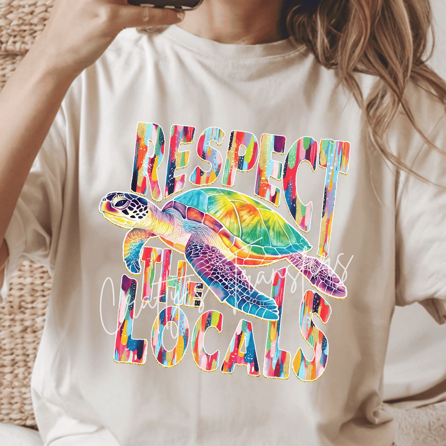 Respect the Locals Sea Turtle DTF Transfer | Colorful Coastal Turtle Graphic Transfer | Beach Summer Sublimation Style Tee Design
