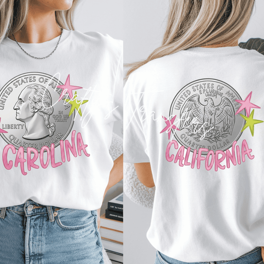 Carolina California Quarter Coin DTF Transfer | Trendy Coastal State Graphic Transfer | Pink Star Aesthetic Tee Design