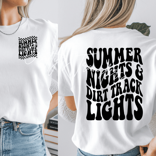 Summer Nights & Dirt Track Lights DTF Transfer | Retro Racing Graphic Transfer | Checkered Flag Race Day Shirt Design