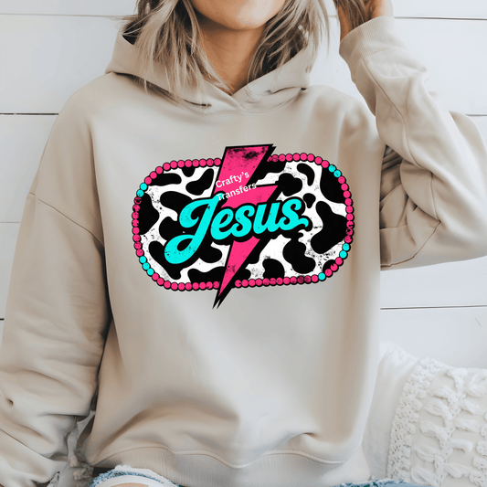 Jesus Lightning Bolt Cow Print DTF Transfer | Western Faith Graphic | Retro Christian Boutique Shirt Design