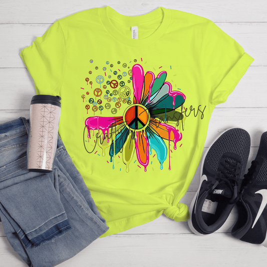 Retro Peace Flower DTF Transfer | Neon Hippie Floral Graphic | Groovy Boho Boutique Shirt Transfer