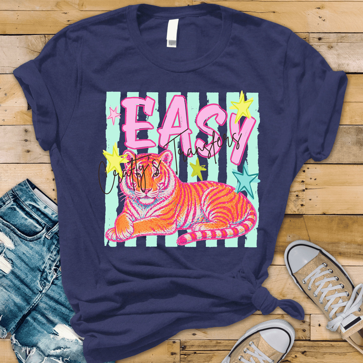 Easy Tiger DTF Transfer | Retro Neon Tiger Graphic | Colorful Boutique Shirt Transfer